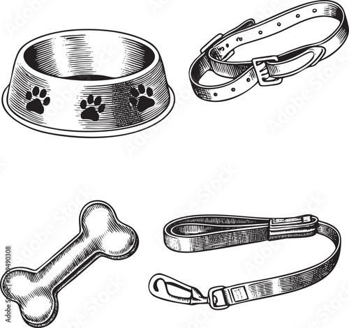 black and white depicts a dog bowl collar and bone.