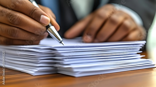 Closeup of businessperson hand writing with pen on stacked papers.