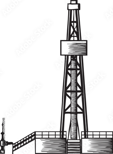 tall black oil derrick rises against a clear sky.