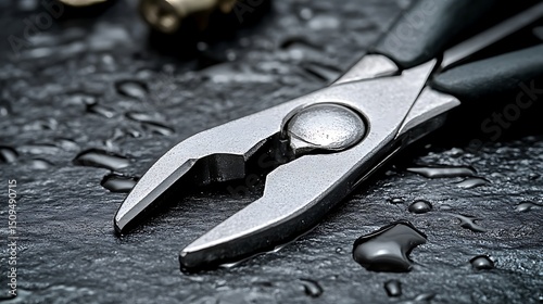 Closeup of pliers on a dark textured surface with water droplets.