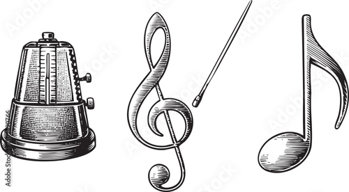 vintage music bell rests beside a treble clef and a musical staff.