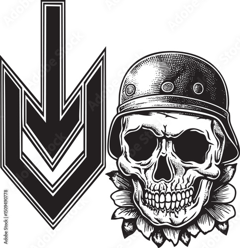 detailed skull wearing a helmet points downwards towards a stylized arrow.