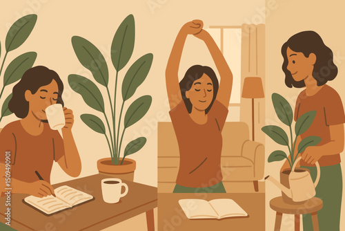Individual engaging in morning routine at home with plants, coffee, and journaling