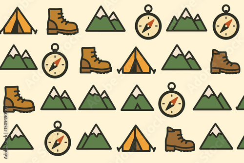 Outdoor adventure patterns showcasing camping gear, mountains, and navigational tools in vibrant designs