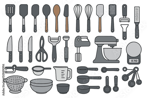 Essential kitchen utensils arranged neatly on a countertop for cooking and baking tasks