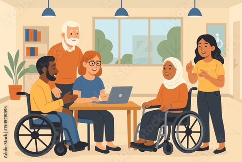 Community members engaging in a collaborative discussion in a bright, accessible workspace