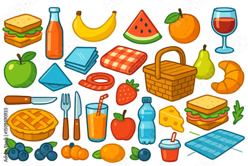 Colorful picnic food collection featuring fruits, beverages, and snacks arranged on a white background