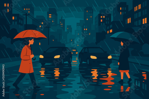 Rainy evening stroll in a city with umbrellas and cars on a wet street illuminated by lights