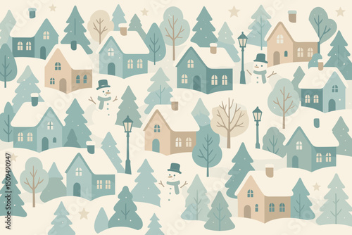 Winter village landscape with snowmen and cozy houses in a serene snowy setting