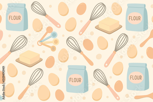 Colorful baking ingredients arranged in a playful pattern showcasing flour, eggs, butter, and whisks on a light background