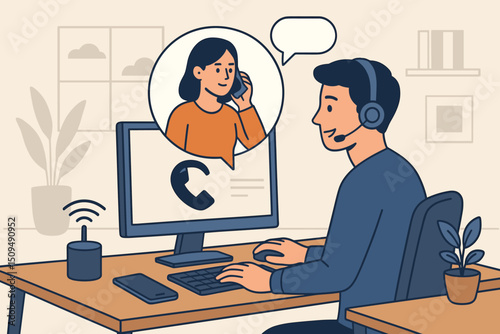 Customer service representative assisting a caller while working at a desk with technology