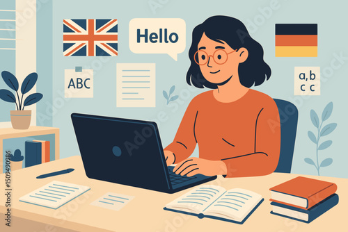 Woman learning languages at a home office desk with books and a laptop during daytime