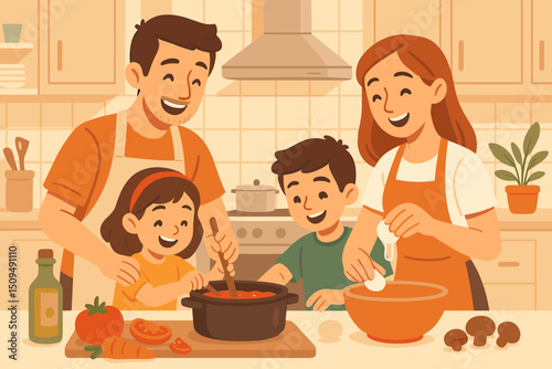 Family cooking together in a bright kitchen, enjoying quality time and creating delicious meals