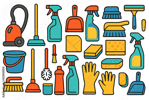 Multiple cleaning supplies arranged on a bright background for home organization and maintenance tasks