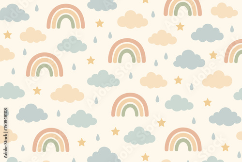 Colorful pattern of rainbows, clouds, and stars against a light background for cheerful decor