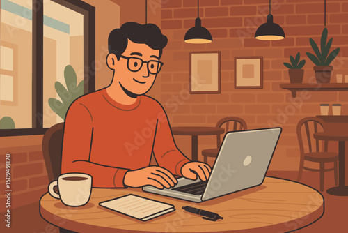 Person working on laptop in warm cafe setting during afternoon while enjoying coffee and taking notes