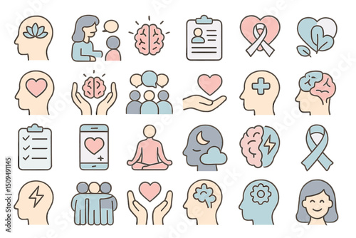 Mental health awareness icons featuring various activities and symbols related to well-being and connection