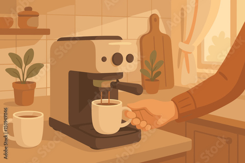 Coffee being brewed in a cozy kitchen with natural light during the morning hours