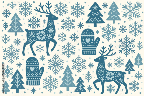 Winter themed design featuring deer, snowflakes, trees, and mittens in a festive arrangement