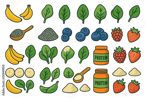 Colorful display of fruits and vegetables arranged with protein powder and seeds in a playful style