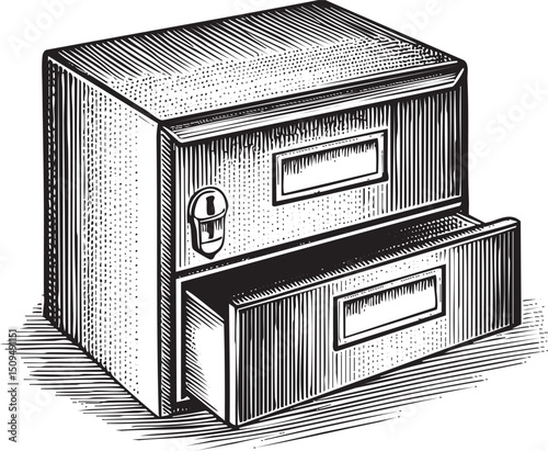 wooden filing cabinet with two open drawers sits on a surface.