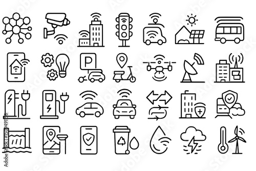 Icons representing smart city technologies and sustainable practices in urban environments for modern living