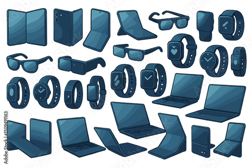 Collection of modern electronic devices and accessories in various styles and designs showcasing technology innovations