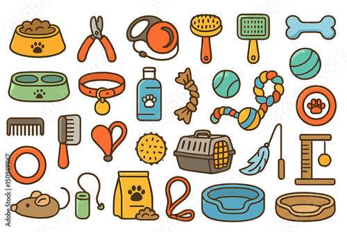 Collection of pet supplies and accessories for dogs and cats in various colors and styles on a white background