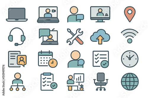 Creative workspace icons representing remote work, online meetings, and digital communication tools