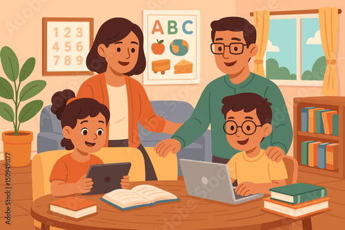 Family engaged in educational activities at home during a sunny afternoon