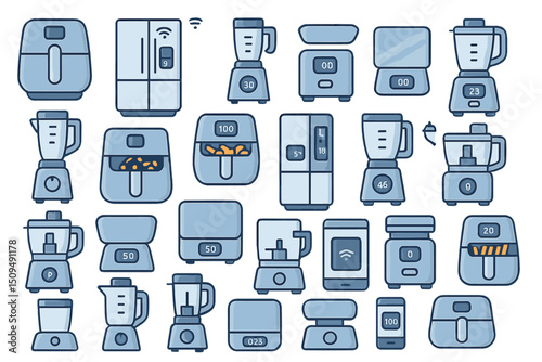 Collection of kitchen appliances including blenders, food processors, and refrigerators displayed in various styles