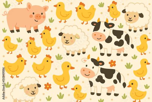 Happy farm animals gather together in a cheerful barnyard setting with various farmyard creatures