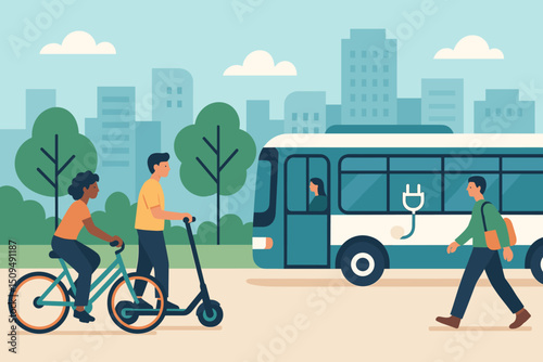 Urban commuters interact with public transport while enjoying a sunny day in the city