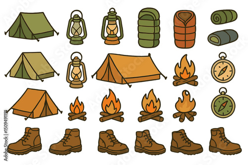 Camping gear and supplies illustration showcasing tents, lanterns, sleeping bags, and campfires for outdoor adventures