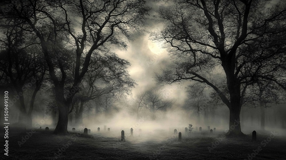 Fototapeta premium Scary forest cemetery at night