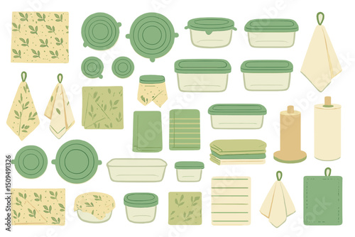 Kitchen storage items and accessories displayed with green and beige colors in a minimalistic style