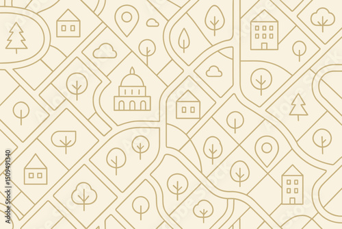 Detailed line drawing of a city map showcasing residential areas, parks, buildings, and points of interest with a minimalist design