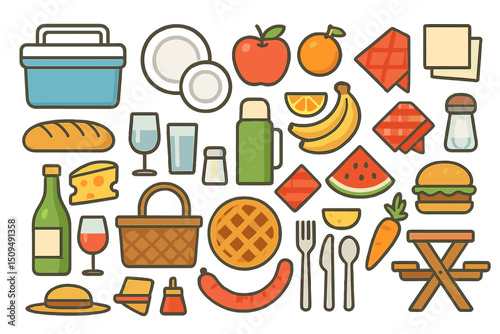 Picnic assortment featuring various foods and beverages arranged for an outdoor gathering in a vibrant setting