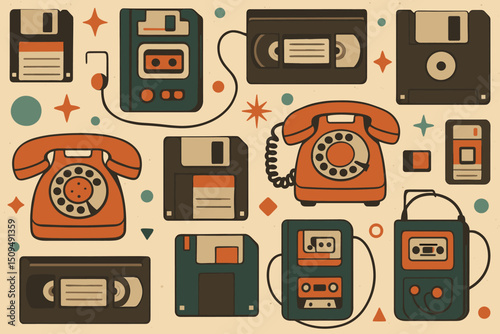 Collection of vintage electronic devices featuring telephones, cassette tapes, and floppy disks displayed against a decorative background