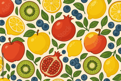 Colorful assortment of fruits including apples, lemons, and pomegranates on a light background for vibrant decor