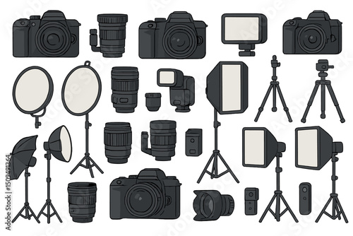 Collection of photography equipment including cameras, lenses, and lighting gear displayed on a white background