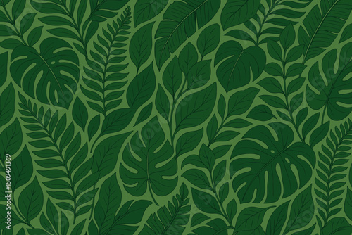 Lush greenery pattern featuring various types of tropical leaves in an intricate design
