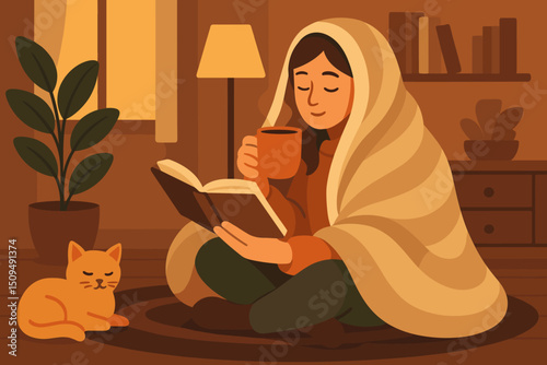 Cozy afternoon reading with a blanket, cat, and warm drink in a peaceful indoor setting