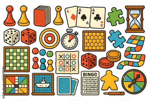 Colorful collection of various board games and gaming accessories on a bright background
