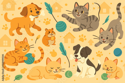 Colorful illustration featuring playful pets in an energetic setting filled with cats and dogs enjoying toys and activities