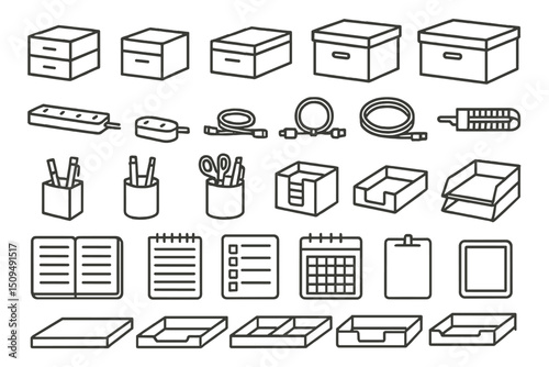 Various storage and stationary items arranged for organization and productivity in an office environment