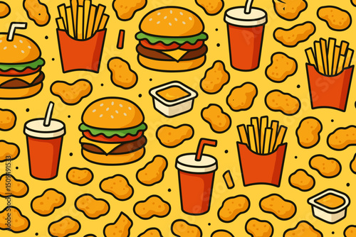 Colorful fast food pattern featuring burgers, fries, chicken nuggets, and drinks on a bright yellow background