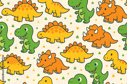 Colorful dinosaur patterns showcase various adorable dinosaur characters on a light background in a fun and playful design for children