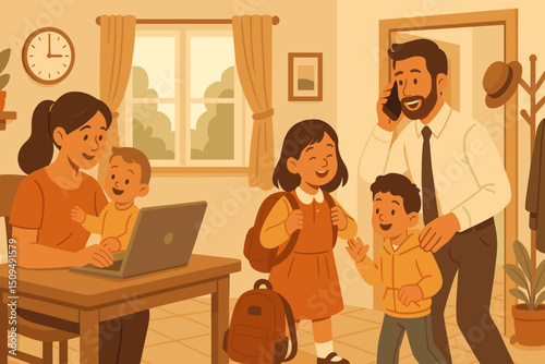 Family morning routine with children preparing for school in a cozy home setting