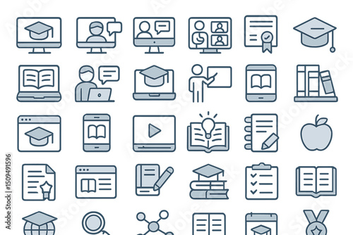 Icons represent online learning, educational resources, and academic achievement in modern education settings